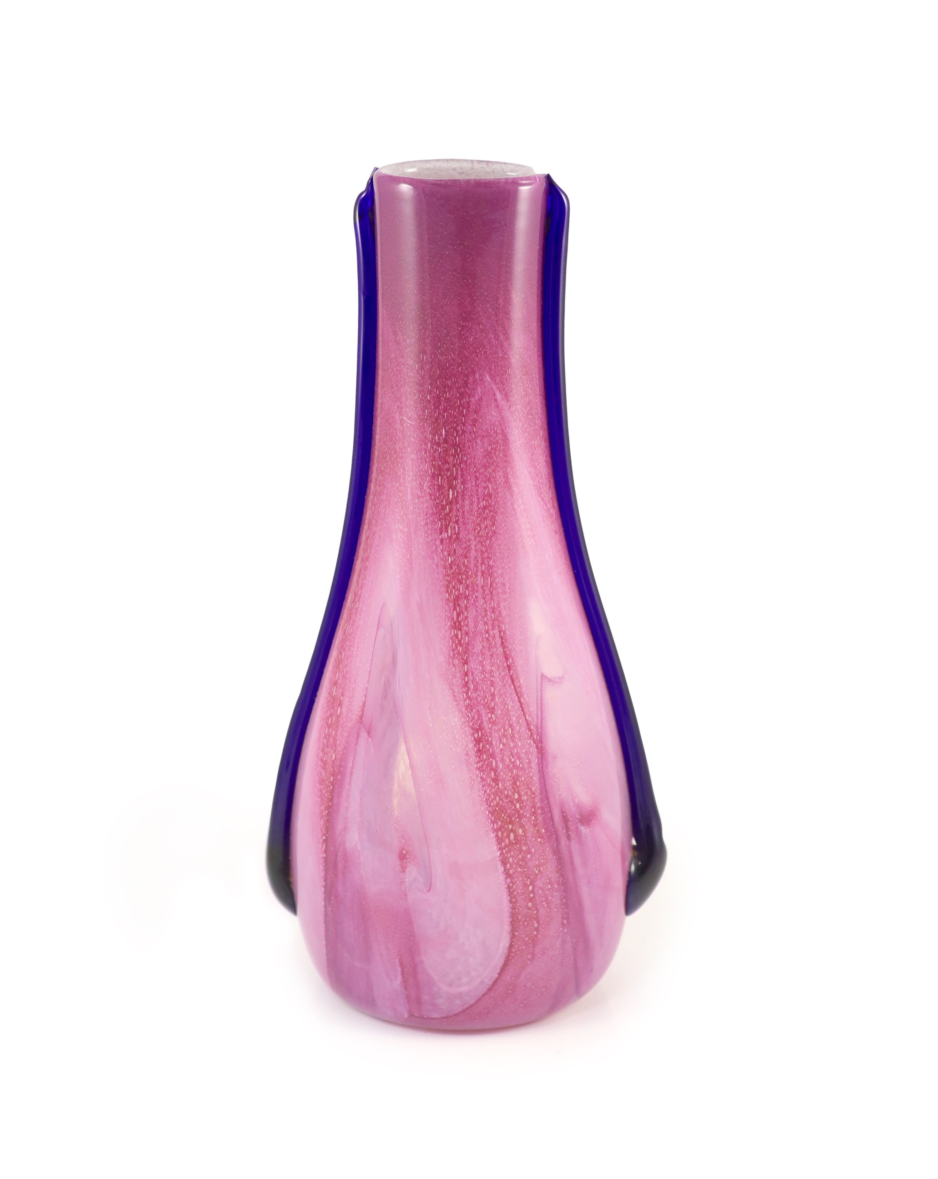 Elizabeth Graydon-Stannus, an unusual mottled pink and purple glass vase, circa 1930, of flattened pear form with applied blue lug handles, etched 'Gray-Stan' to base 44cm high